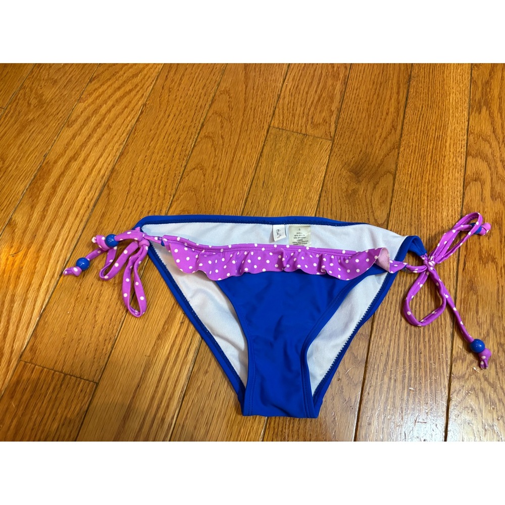 Delias Womens Blue Purple‎ Polka Dot Ruffle Side Tie Bikini Bottom Small Y2